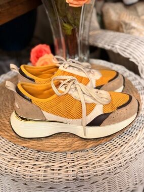 Michael Kors Yellow Mesh and Beige Suede Platform Sneakers with Gold Accent